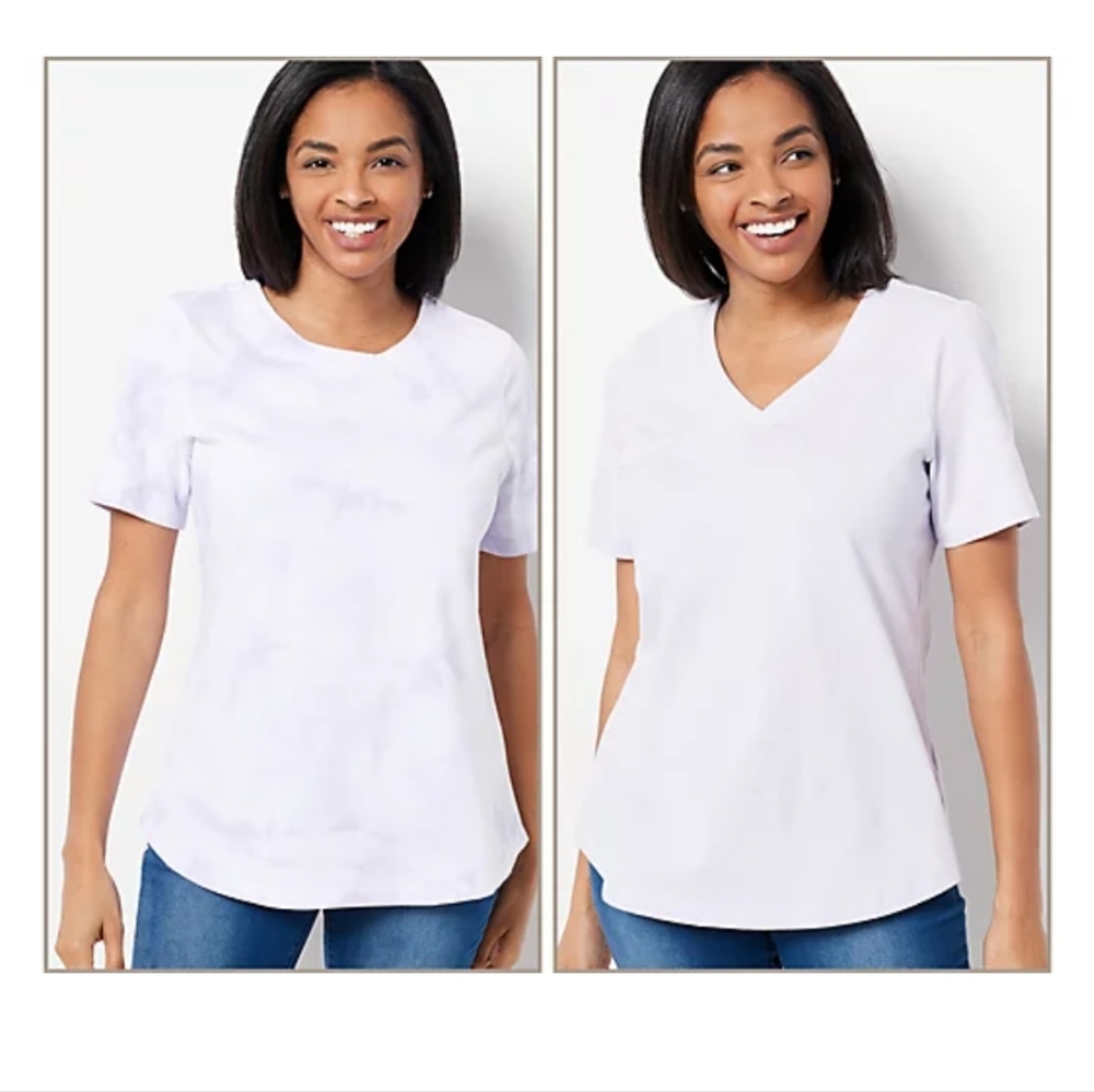 QVC Denim & Co. Perfect Jersey Set Of Two Short Sleeved Tops Lavender 3XL